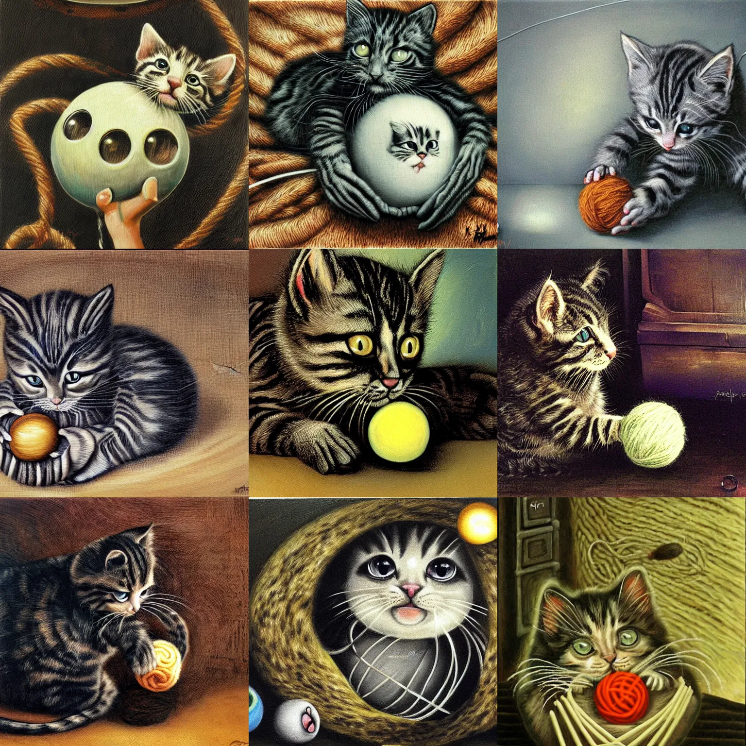 Prompt: Kitten playing with a ball of yarn, painting by HR Giger