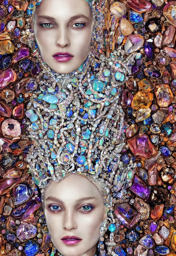 Prompt: a portrait of beautiful queen made of crystal and opal , future fashion, Harpers Bazaar, Vogue magazine, insanely detailed and intricate, concept art, close up