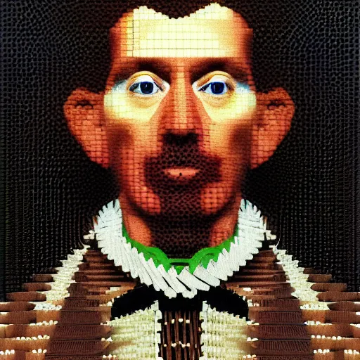 Prompt: portrait photo of a man with Iroquois made from video card parts pixels and voxels and computers, Perfect face, extremely high details, realistic, by Giuseppe Arcimboldo, Edward Hopper, Rene Margitte