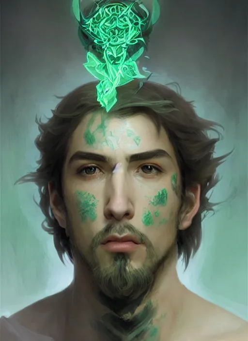 Image similar to character concept portrait of an attractive young focused Spanish wizard with pale green skin enchanting a growing spell, a floating iridescent spell book in the center, intricate, elegant, digital painting, concept art, smooth, sharp focus, illustration, from Metal Gear, by Ruan Jia and Mandy Jurgens and William-Adolphe Bouguereau, Artgerm