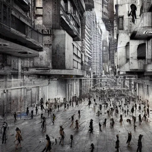 Image similar to hordes of drone-like people aimlessly walking around a depressing dystopian cityscape , trending on artststion, hyper realistic, surreal, melancholic, 8k, upscaled