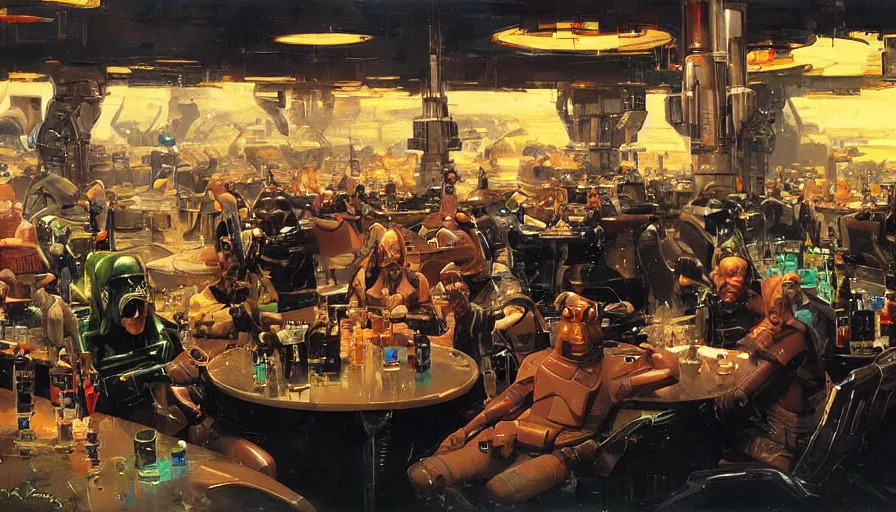 Image similar to Bounty hunters drinking in a futuristic bar surrounded by strange alien creatures, concept art by Ralph McQuarrie, by John Berkey, oil on canvas, highly detailed, science fiction