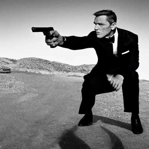 Image similar to George Cooney as James Bond, with pistol, cinematic photograph, dramatic background