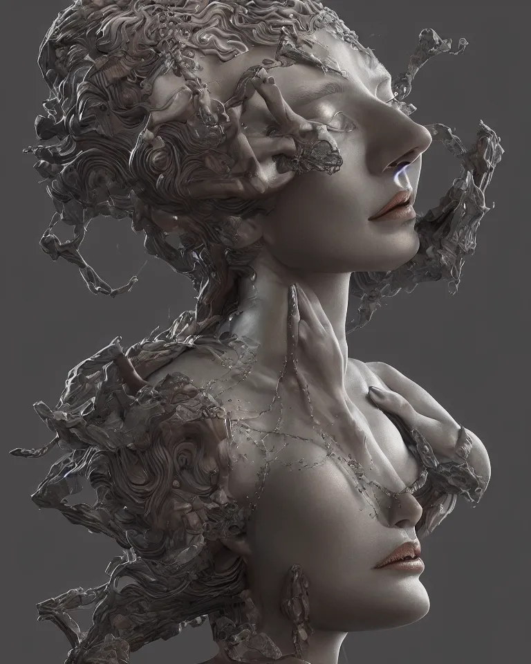Prompt: metaphysical portrait of a gorgeous etherial female statue breaking apart by Andrew Ferez, cosmic horror, octane render, trending on cgsociety, featured on zbrush central, grotesque, vanitas, new sculpture, mystical