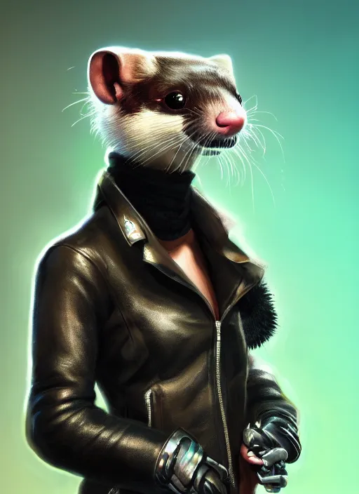 Image similar to cyberpunk anthropomorphic sable ferret, detailed fur, wearing leather jacket, medium shot portrait, digital painting, dynamite lighting, trending on ArtStation