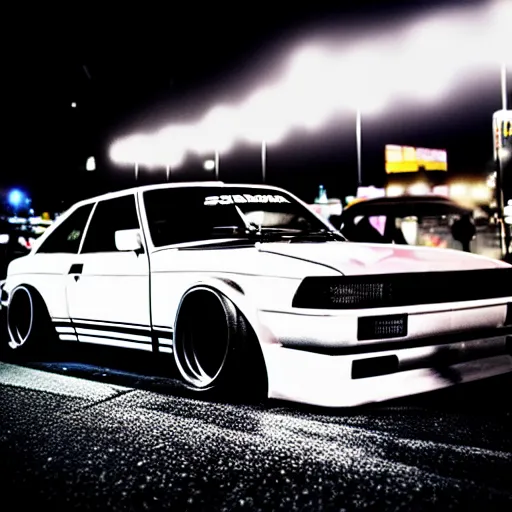 Image similar to a car s30 turbo drift at illegal car meet, Shibuya prefecture, city midnight mist lights, cinematic lighting, photorealistic, highly detailed wheels, high detail