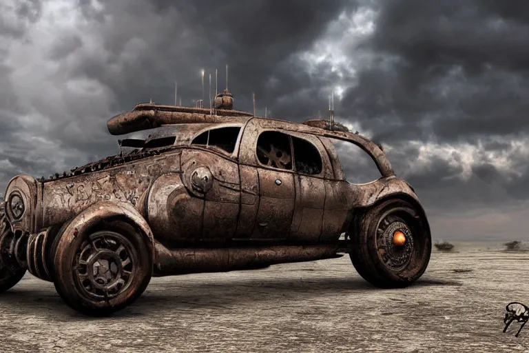 Image similar to ultra realist 3d soft paint of a single gothic steampunk four wheel sport car fully armored, Fallout, symmetry accurate features, very intricate details, ominous sky, volumetric light clouds, post apocalyptic background