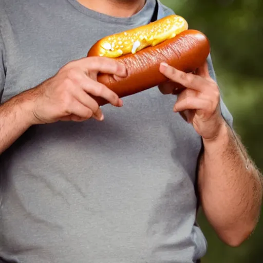 Image similar to a man eating a hot dog, highly detailed