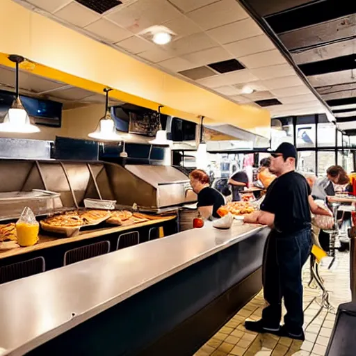 Image similar to busy wafflehouse interior with customers eating breakfast and wafflehouse employees serving food and cooking behind countertop bar that has customers sitting at