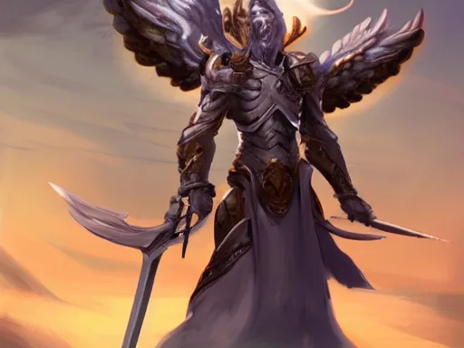 Image similar to epic cinematic concept MTG art. Eel-like angel holding a giant holy halberd, wearing shining armor at sunrise. Sighvesper eel angel. ArtStation