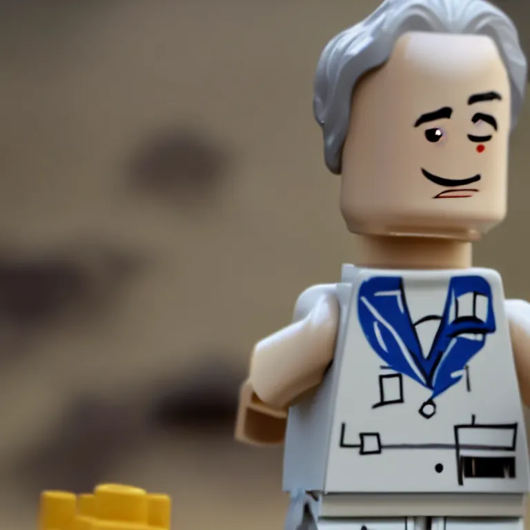 Image similar to a cinematic film still of a stop motion film starring bill murray as a lego fig, shallow depth of field, 8 0 mm, f 1. 8