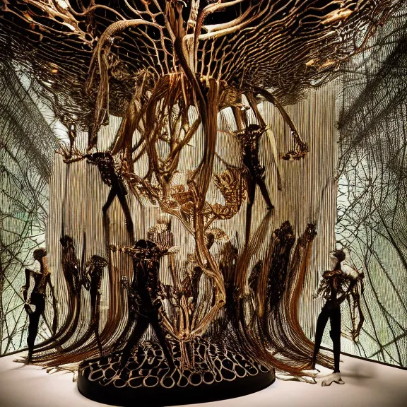 Image similar to symmetric frame from Prometheus, biomechanical gaia, by Neri Oxman and alexander mcqueen metal couture editorial, in mycelium macro mushroom hanging garden by giger by utagawa kuniyoshi by Yuko Shimizu