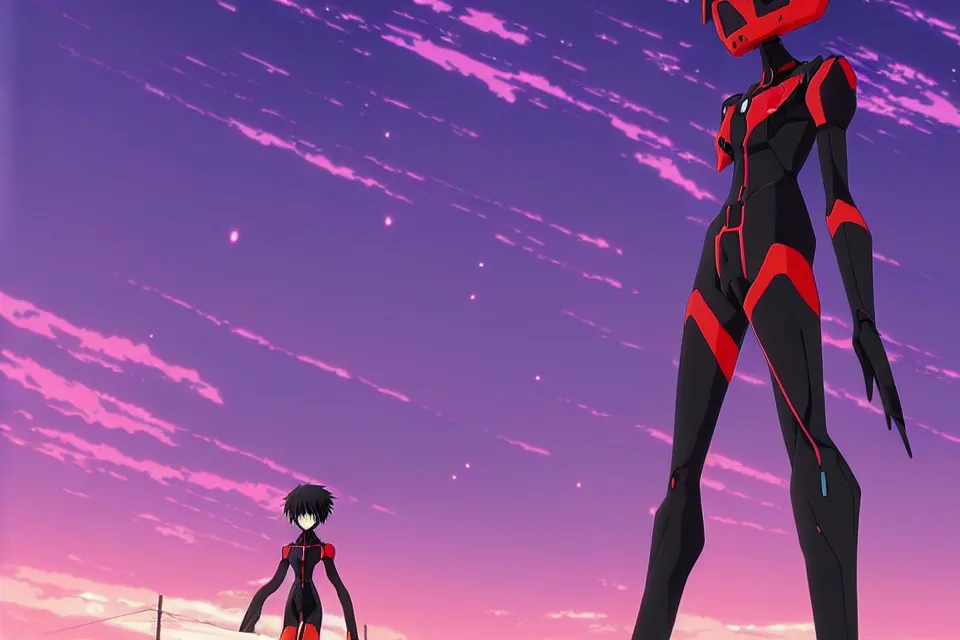 Prompt: anime illustration of black evangelion eva - 0 1 standing on an empty highway wearing a black plugsuit at dawn, cinematic lighting, evangelion anime poster, rebuild of evangelion 1 0 8 0 p, 9 0 s anime aesthetic, volumetric lights, rule of thirds, unreal engine render, pinterest wallpaper, trending on artstation