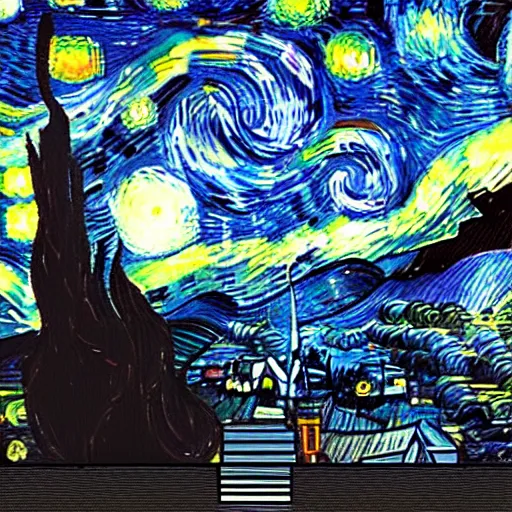 Image similar to silhouette of a flying girl with an umbrella in the style of starry nights. van gogh, cinematic composition. art station is on trend. beautiful lighting, super - detailed.