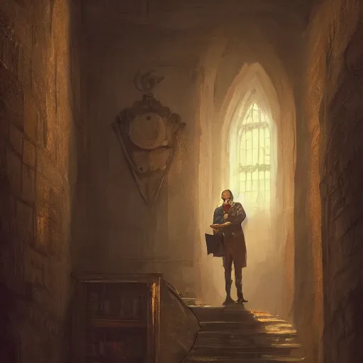 Image similar to My Favorite Portrait of a lawyer genius academician wearing a grimoire in his holding hand whilst wearing a vest of scholarship Greg Rutkowski Marc Simonetti Anato finnstark Brooklyn New York Hidden Stairway Hidden Alcove Visible Alleyway 4k Artstation Background Wallpaper 1080p