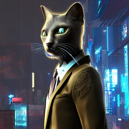 Prompt: cyberpunk cat in suit, final render, unreal engine