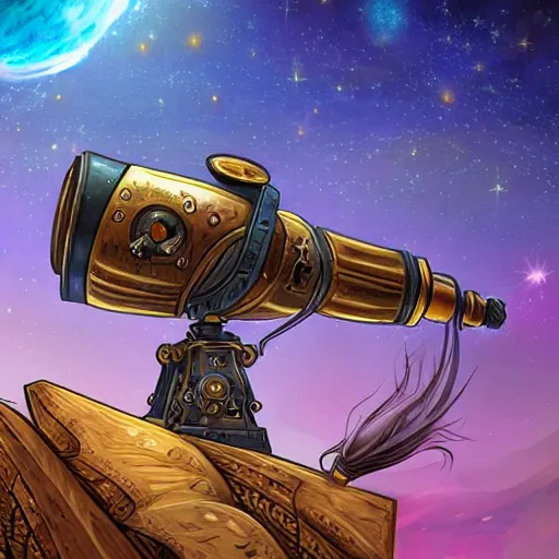 Prompt: steampunk telescope looking at the starry sky, hearthstone coloring style, epic fantasy style art, fantasy epic digital art