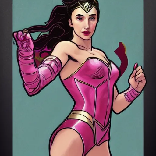 Prompt: a moderne painting of gal gadot as the pink power ranger in the style of charlie bowater, and in the style of alphonse mucha. sharp focus, semi - realism, intricate detail.