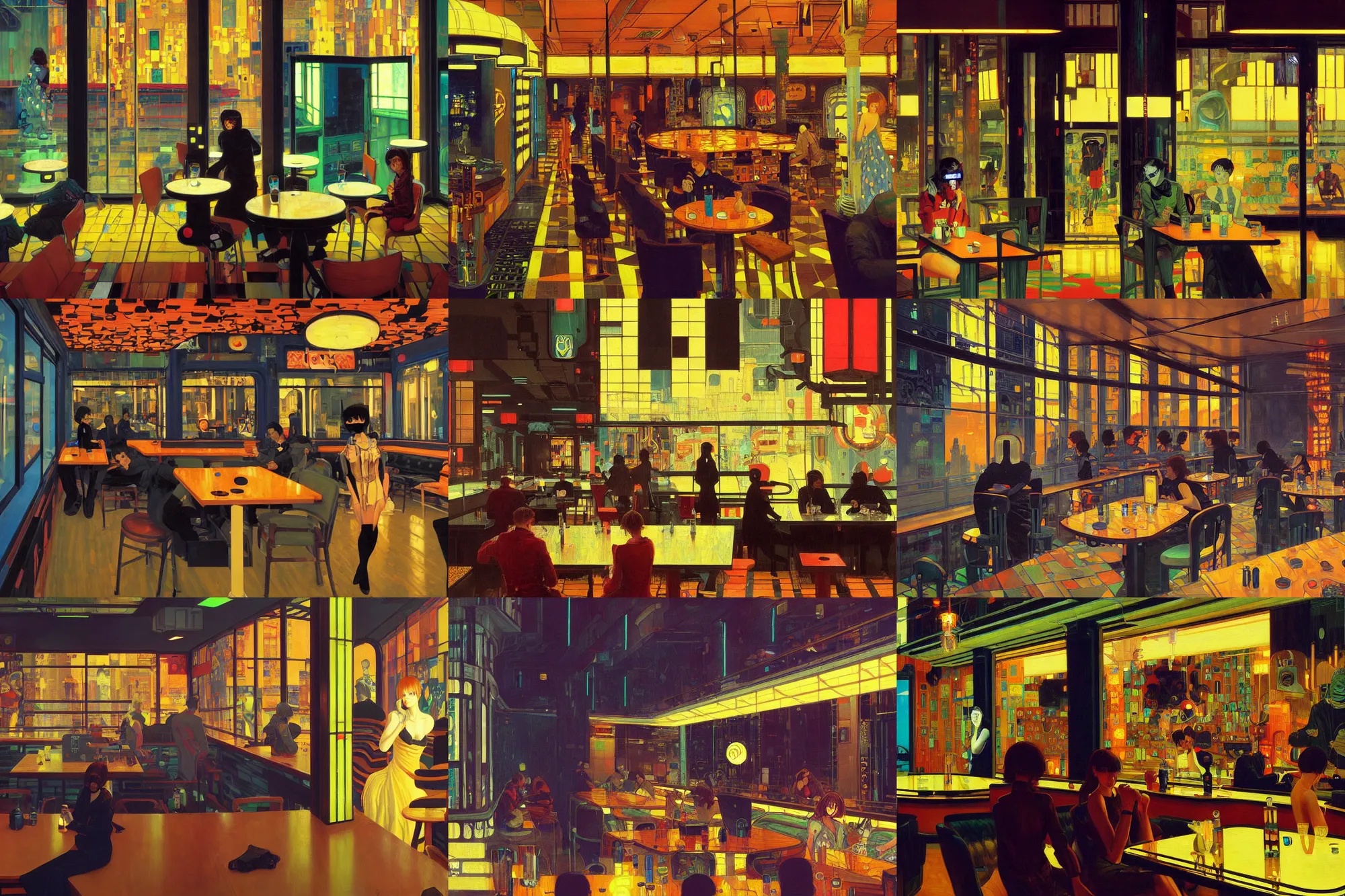 Prompt: A cyberpunk cafe painted by Ilya Kuvshinov and Gustav Klimt and Edward Hopper