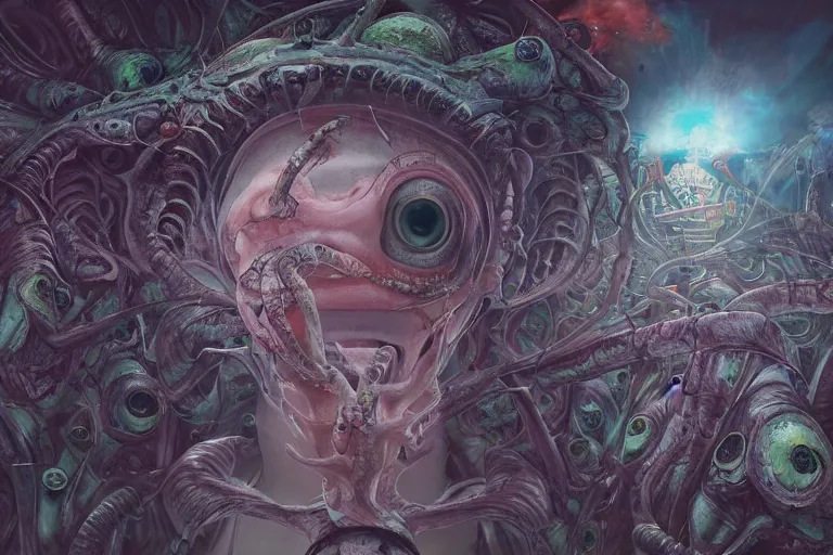 Image similar to Its about time we infected them, Alien infected us its about time we infected them, concept art, trade on artstation, sharp focus, psychedelic, by Yoshitaka Amano, Mark Ryden, Gloom, Peter Mohrbacher, fantasy art, masterpiece, Hyperrealism. Subsurface scattering. Octane Render. Weirdcore