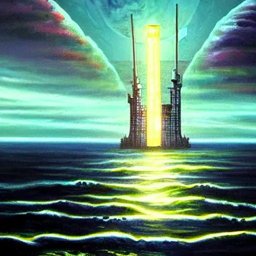 Image similar to a ship off the shore of a beautiful coast with a distant ominous biopunk tower filled with evil technology glowing in the distance, painting by John Berkley