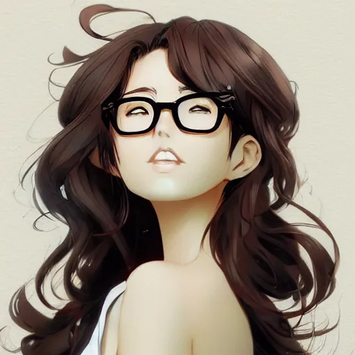 Prompt: An anime drawing of a beautiful woman with shoulder-length curly dark brown hair, brown eyes, and glasses, thick, curvy, plus-sized, by Stanley Artgerm Lau, WLOP, Rossdraws, James Jean, Andrei Riabovitchev, Marc Simonetti, and Sakimi chan, trending on artstation