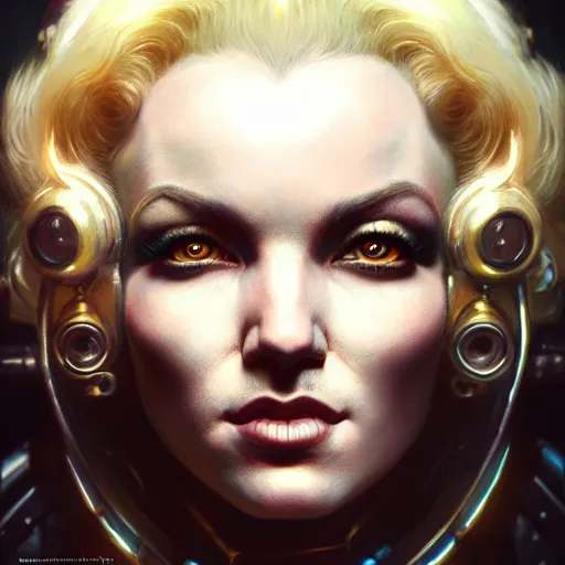 Image similar to portrait painting of a cyberpunk dwarven decker who looks like marilyn monroe, ultra realistic, concept art, intricate details, eerie, highly detailed, photorealistic, octane render, 8 k, unreal engine. art by artgerm and greg rutkowski and charlie bowater and magali villeneuve and alphonse mucha