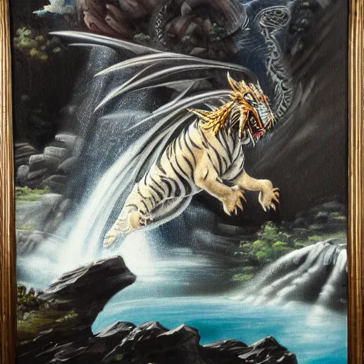 Image similar to oil painting of a dragon flying in the air near a cave with a waterfall in the center, light emanating from the waterfall leading to a big pool of water, dragon has black and white tiger stripes, elegant, sharp focus, wide shot, clear, detailed, early renaissance