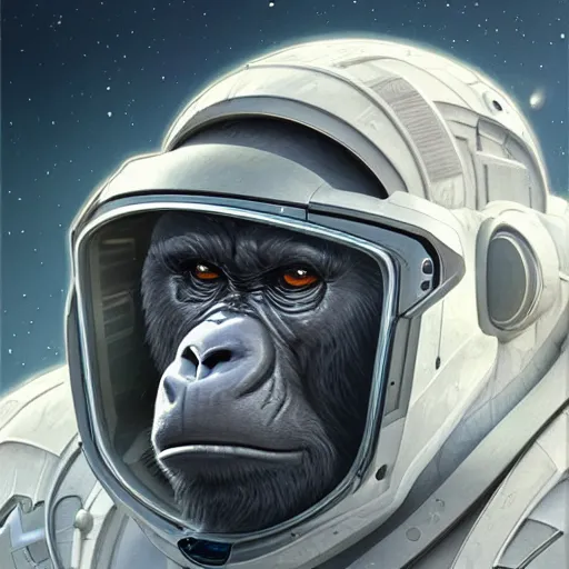 Image similar to detailed science - fiction character portrait of a silverback gorilla wearing a white armored space suit, intricate, wild, highly detailed, digital painting, artstation, concept art, smooth, sharp focus, illustration, art by artgerm and greg rutkowski and alphonse mucha