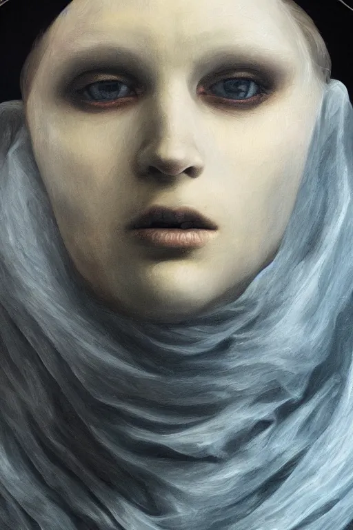 Image similar to hyperrealism oil painting, close - up portrait of albino medieval fashion model, black silk, steel gradient mixed with nebula sky, in style of baroque