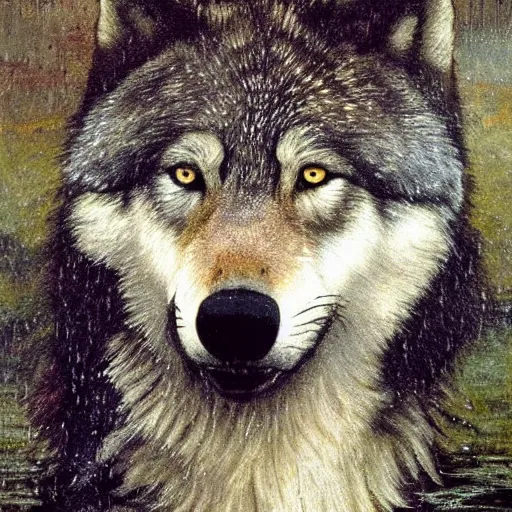 Prompt: a close up, close portrait of a fluffy gray wolf in the rain, sad, melancholy, by albert bierstadt and robert cleminson