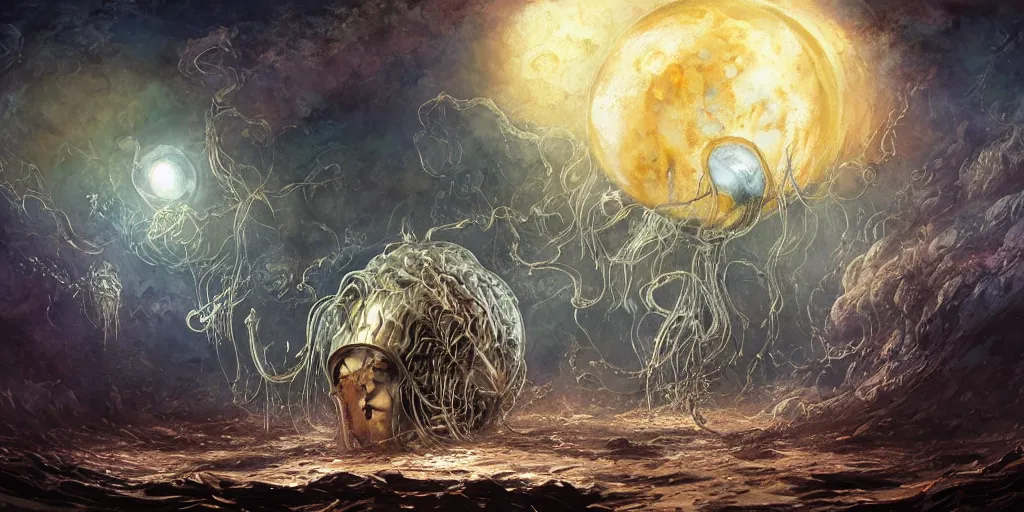 Image similar to concept art of giant translucent glowing jellyfishes, renaissance, divers helmet, lots of teeth, melting horror, round moon, rich clouds, fighting the horrors of the unknown, mirrors, very detailed, volumetric light, mist, grim, fine art, decaying, textured oil over canvas, epic fantasy art, very colorful, ornate, anato finnstark