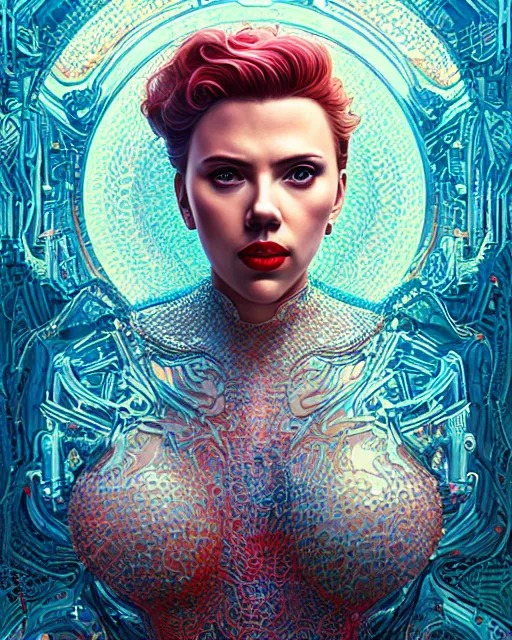 Prompt: highly detailed vfx portrait of scarlett johansson, red lipstick, global illumination, detailed and intricate environment by james jean and victo ngai and tristan eaton