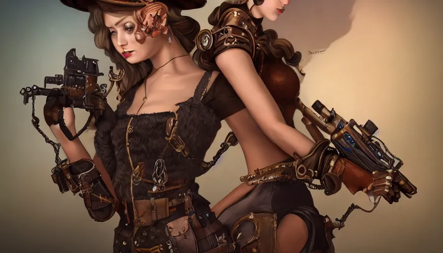 Image similar to steampunk girls with their cats and guns, masterpiece, pinup, highly detailed, digital painting, artstation, concept art, smooth, sharp focus, illustration, Unreal Engine 5, 8K