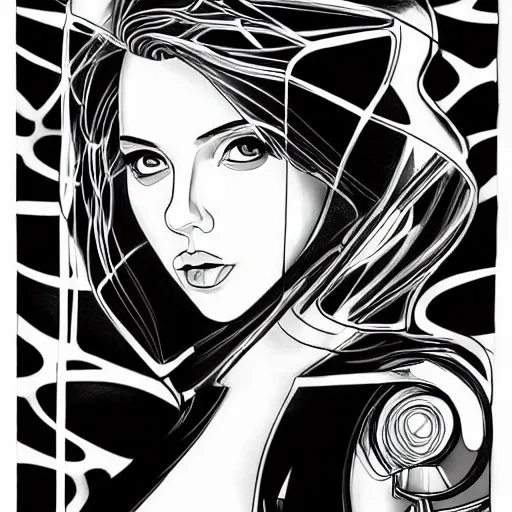 Image similar to scarlett johansson as a intricately detailed mechanical robot, black and white, dynamic angle, pencil and ink manga, elegant, highly detailed, dramatic lighting