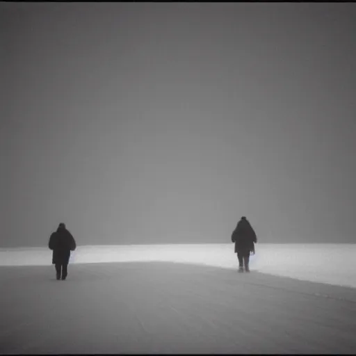 Image similar to photo of kansas flint hills covered in ice and snow, during a snowstorm. a old man in a trench coat and a cane appears as a hazy silhouette in the distance, looking back over his shoulder. cold color temperature. blue hour morning light, snow storm. hazy atmosphere. humidity haze. kodak ektachrome, greenish expired film, award winning, low contrast.