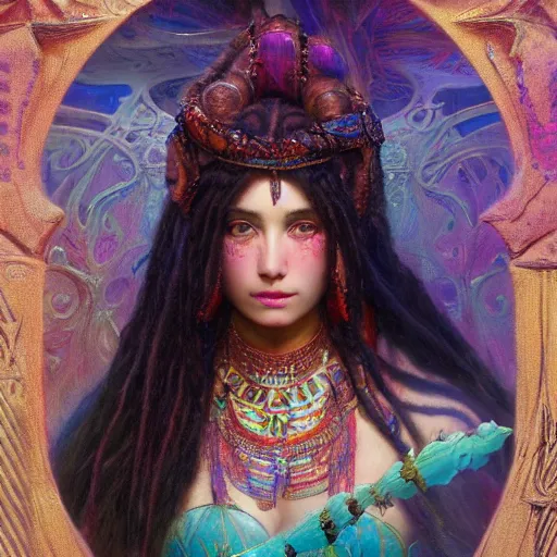 Image similar to artstation, intricate details, hyper details, by gaston bussiere, tan skin sumerian mystic lady of elche, egyptian sumerian features, techno mystic intergalactica electronic pop star, with aqua neon rapunzel dreadlocks,