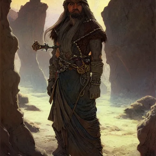 Prompt: Kethlan the elven desert bandit. Hidden ruins. Epic portrait by james gurney and Alfonso mucha.