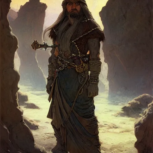 Image similar to Kethlan the elven desert bandit. Hidden ruins. Epic portrait by james gurney and Alfonso mucha.