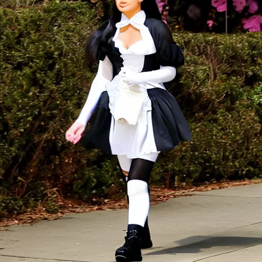 Image similar to kylie jenner in 2 b cosplaying victorian maid outfit light cinematography photoshoot