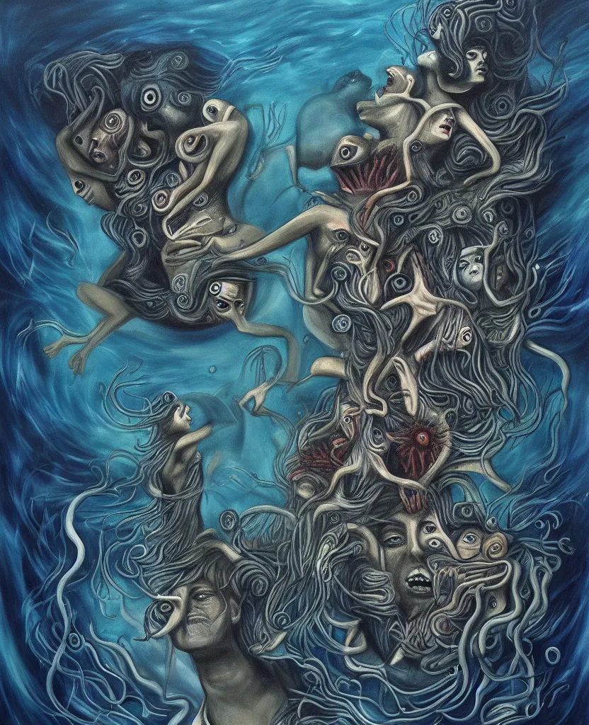 Image similar to wild emotional creatures repressed in the deep sea of unconscious of the psyche, about to rip through and escape in a revolution, painted by ronny khalil