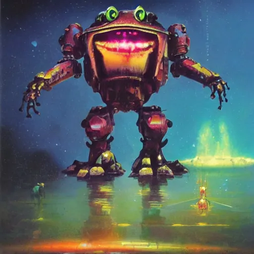 Image similar to a large anthropomorphic frog shaped mecha by paul lehr and moebius