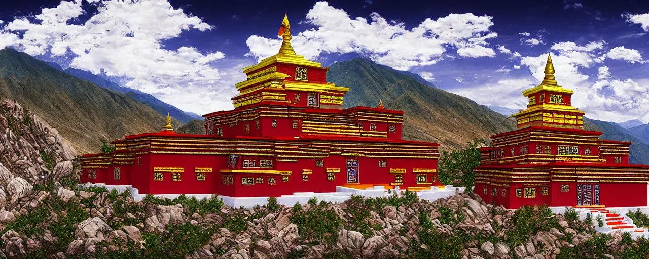 Image similar to Tibetan temple in the mountains, digital art, detailed