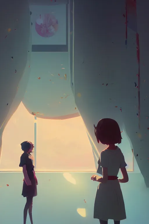 Prompt: she imagined a moment of pure bliss and everyone looked at her, cory loftis, james gilleard, atey ghailan, makoto shinkai, goro fujita, character art, exquisite lighting, clear focus, very coherent, plain background, dramatic painting