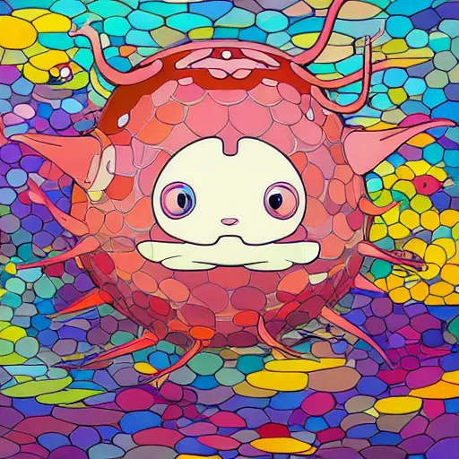 Image similar to axolotl by takashi murakami,, beeple and james jean, aya takano color style, 4 k, super detailed, night sky, digital art, digital painting, celestial, majestic, colorful