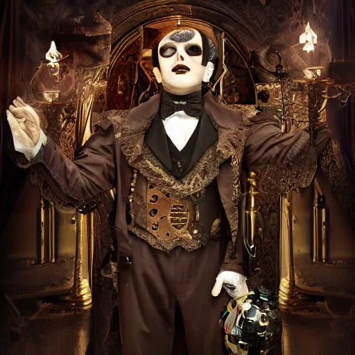 Prompt: steampunk phantom of the opera, hyper realistic, theatrical lighting, 8k resolution, highly detailed