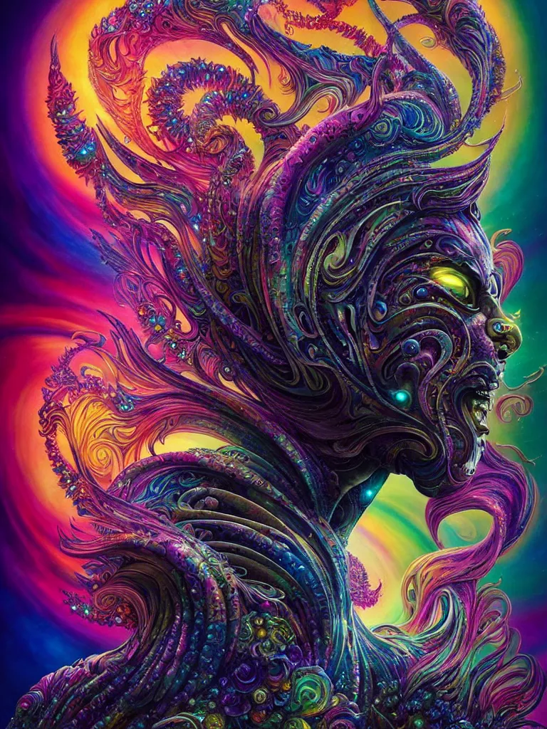 Image similar to depicting a wrathful technological nightmare monster god, in the style of lisa frank, exuberant organic elegant forms, by karol bak and filip hodas : : 1. iridescent, multicolored, holographic intricate mandala explosions : : intuit art : : turbulent clouds backdrop : : damask wallpaper : : atmospheric