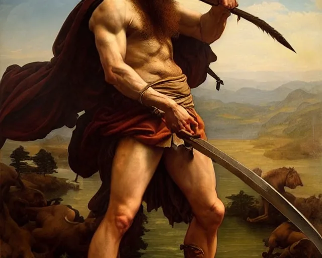 Image similar to renaissance painting full body portrait of a gruff ranger with a spear, lean and toned, handsome face, hairy chest and hairy body, D&D, intricate, elegant, highly detailed, digital painting, artstation, concept art, matte, sharp focus, chiaroscuro, well list, illustration, art by Artgerm and Greg Rutkowski and Alphonse Mucha