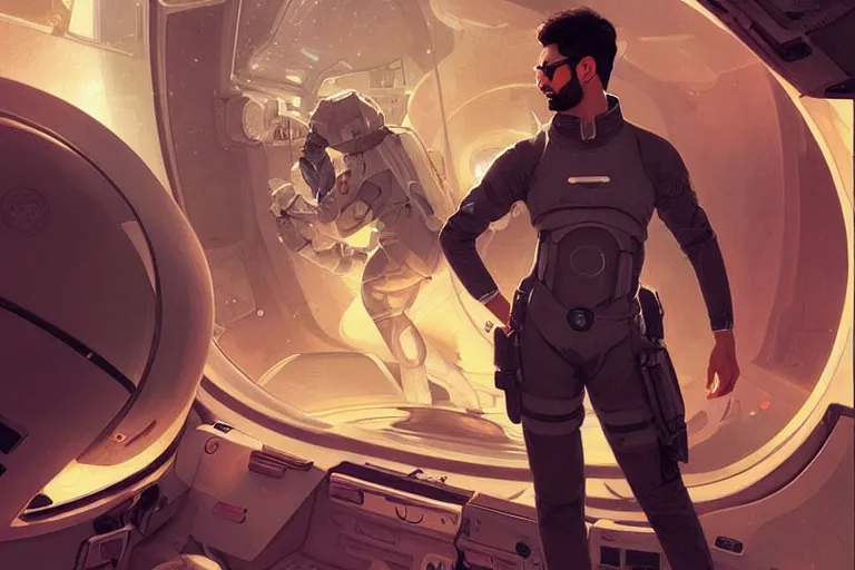 Image similar to Sensual good looking pale young Indian doctors wearing Deus Ex clothing in a space station above Earth, portrait, elegant, intricate, digital painting, artstation, concept art, smooth, sharp focus, illustration, art by artgerm and greg rutkowski and alphonse mucha