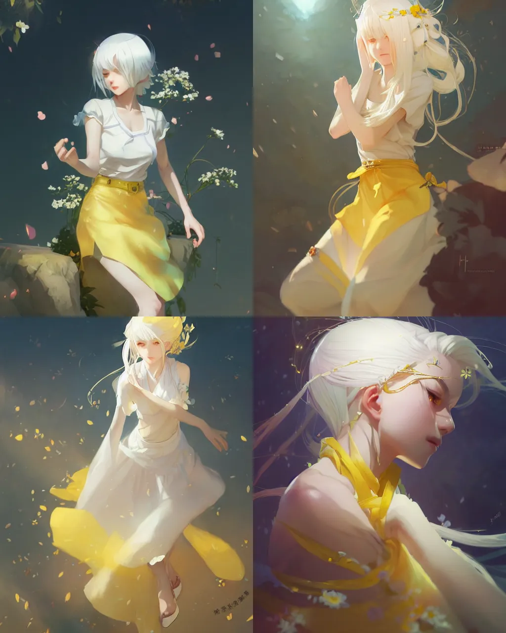 Prompt: a girl with white hair and yellow skirt, flower decoration on the background, a beautiful half body illustration, top lighting, perfect shadow, soft painting, art by hidari and krenz cushart and wenjun lin